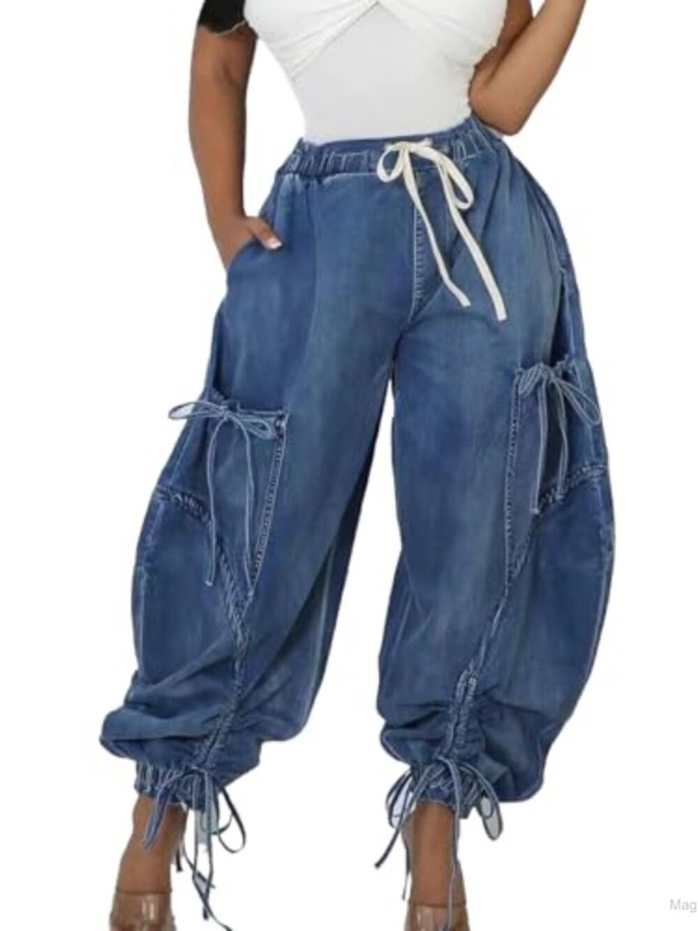 Y2K Baggy Cargo Parachute Jeans Women High Rise Drawstring Ankle Tie Utility